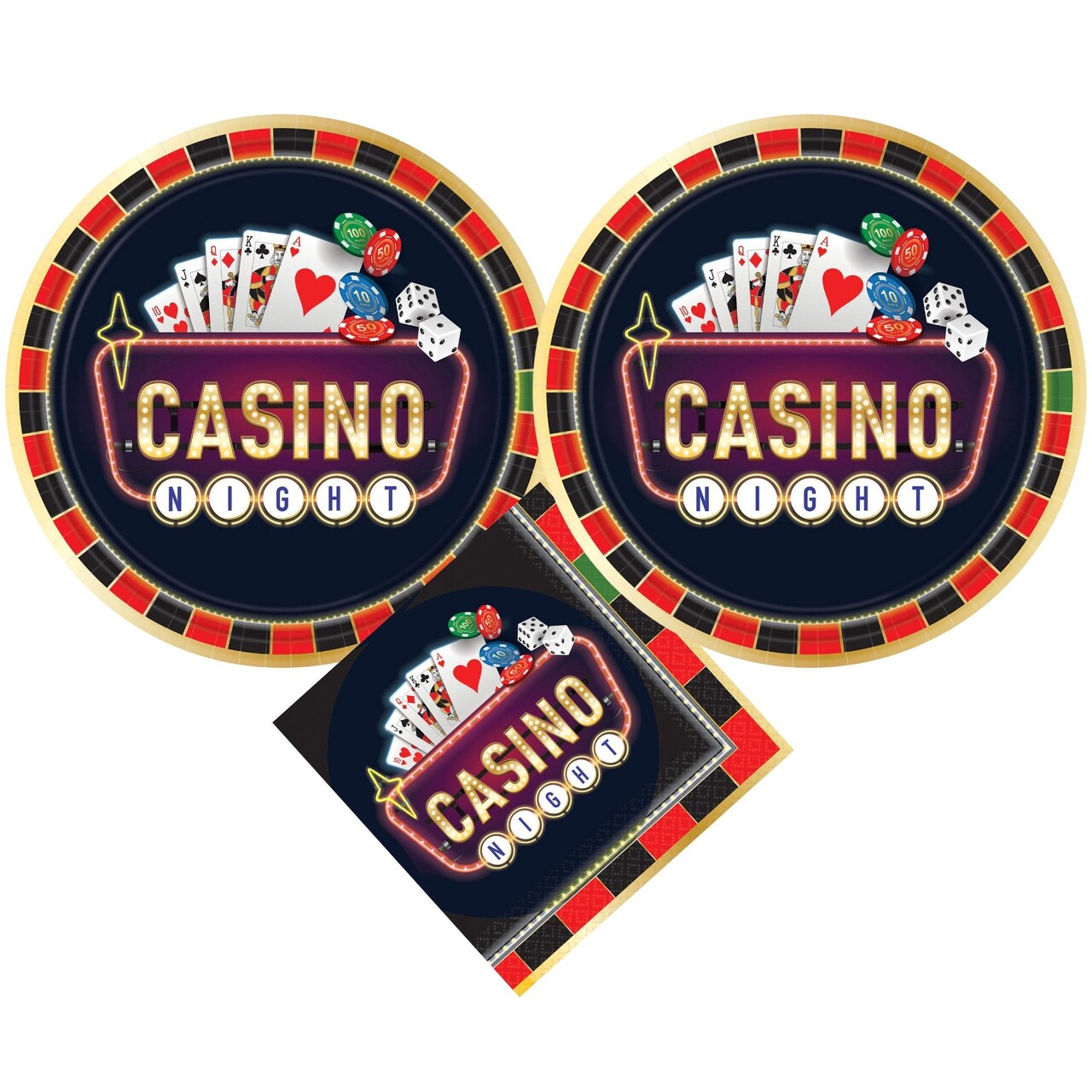 Casino Night Party Supplies Bundle, 10.5" Paper Dinner Plates and Luncheon Napkins, Serves 16
